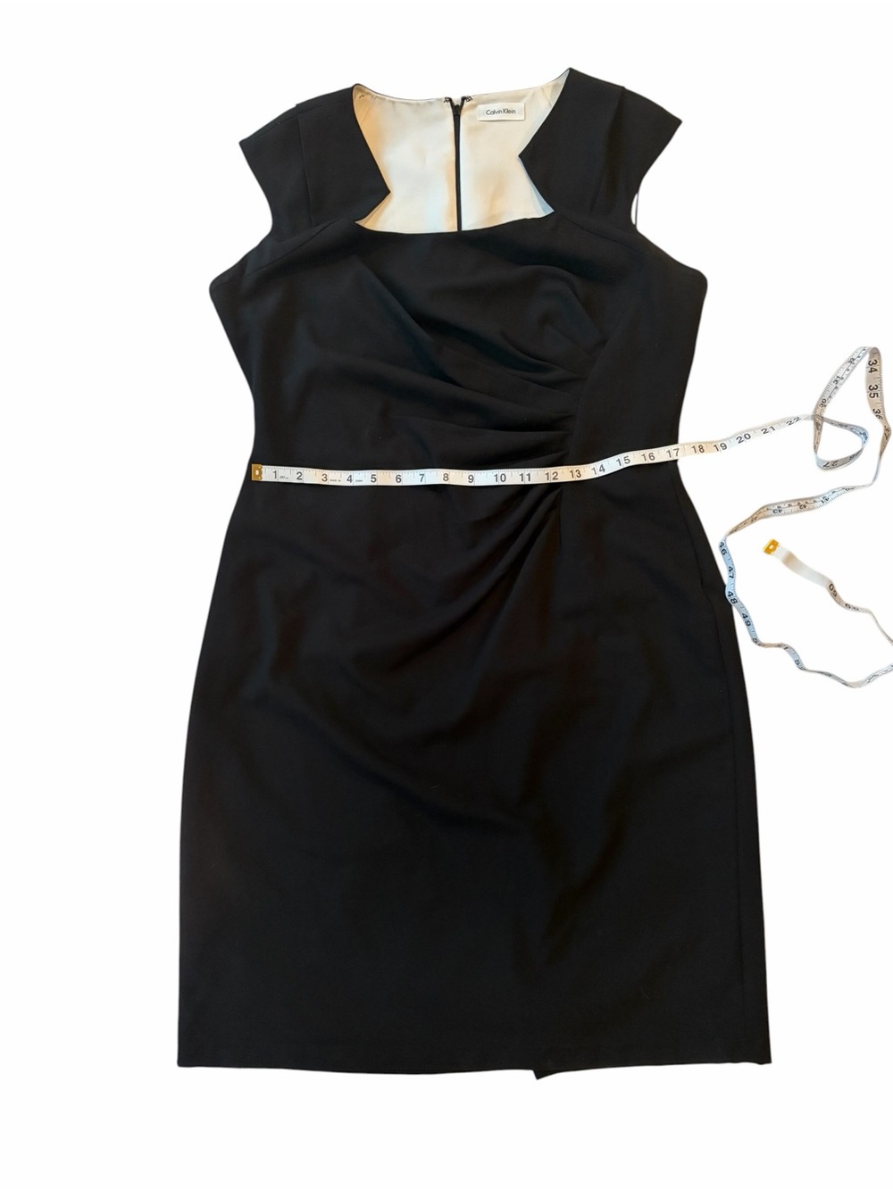 Calvin Klein Black Ruched Side Asymmetric Neck Sheath Dress 14 EUC - Picture 6 of 8